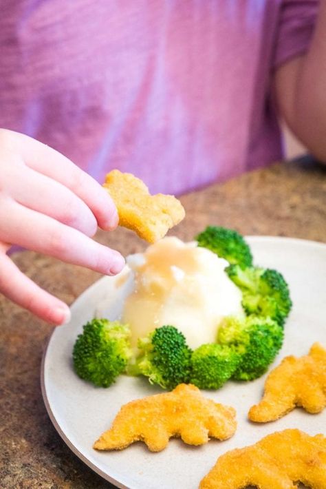 Pair Yummy Dino Buddies with mashed potatoes, gravy and broccoli to make a fun, easy, kid friendly dinner recipe! Tasty Dino Buddies with a mashed potato volcano using gravy as the lava and broccoli as trees on the volcano! The kids get to play with their food, they devoured the meal and I was left smiling! #dinner #recipe Mashed Potato Volcano, Potato Volcano, Dinosaur Birthday Party Food, Spaghetti Pie Recipes, Easy Kid Friendly Dinners, Kid Friendly Meals Dinner, Delicious Strawberry Cake, Mash Potato, Healthy Finger Foods