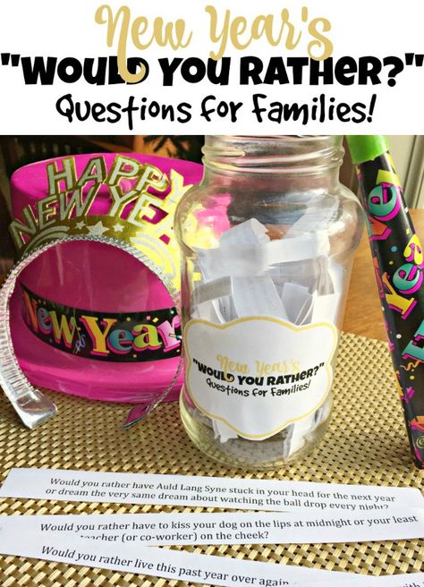 If you love to play party games as a family- these 50 New Year's themed "Would You Rather" questions are perfect for you! (Free printable!) #NewYear #PartyGames #WouldYouRather #MomOf6 via @sharonmomof6 New Year’s Party Games For Kids, New Year’s Party For Teens, News Year Party Games, New Years Would You Rather For Kids, New Year’s Eve Kids Activities 2023, Harry Potter Party Games, New Year's Eve Activities, Dinner Party Games, Would You Rather Questions