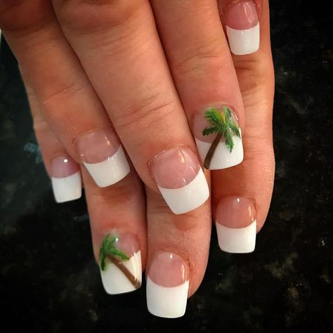 50+ Palm Tree Nail Art Ideas That You Will Love » Manicure Ideas For Beach Vacation, Nail Art Designs Palm Trees, French Tip Nails With Palm Tree Design, French Nails With Palm Tree, Palm Tree French Tip Nails, French Manicure With Palm Tree, Christmas Palm Tree Nails, Nail Ideas For Tropical Vacation, Tropical French Manicure