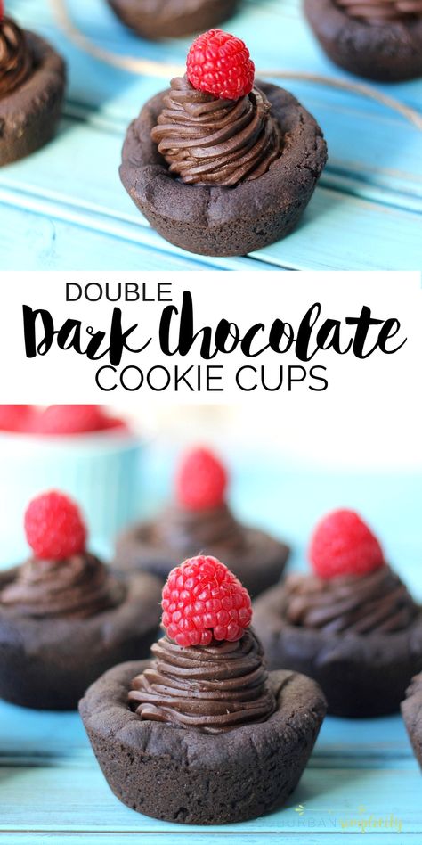 Double Dark Chocolate Cookies, Chocolate Cookie Cups, Cookie Cups Recipe, Dark Chocolate Cookies, Oreo Dessert, Cookie Cups, Chocolate Dessert Recipes, S'mores, Chocolate Filling