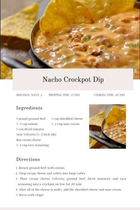 Nachos Recipe Beef Dip, Nachos Crockpot Recipe, Potluck Nachos, Crockpot Nachos Beef, Crockpot Nacho Dip, Crock Pot Nacho Cheese Dip, Nacho Dip With Cream Cheese, Taco Dip Crock Pot, Taco Nacho Dip