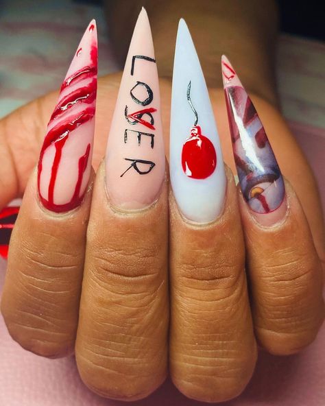 It Nails Stephen King, Penny Wise Nails, Pennywise Nail Art, Pennywise Nails, Tech Room, Holloween Nails, Here With Me, Nails Design With Rhinestones, 3d Nail Art