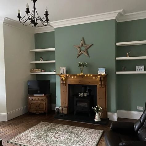 Chimney Feature Wall Living Rooms, Green And Brick Living Room, Green Chimney Breast Wall, Feature Wall Lounge, Green Feature Wall Living Room, Green Chimney, Green Living Room Paint, Living Room Design Green, Sage Living Room