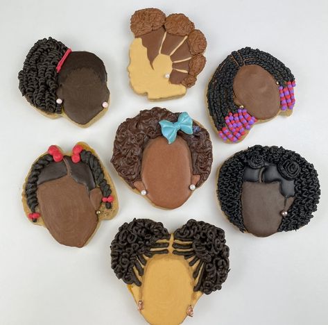 7 cookies that celebrate black girl hair texture.  We have girl cookies with coils , curls, puffs, locs, braids, beads and pony tails. They are all decorated using royal icing and sprinkles for jewels  Torriemadeitofficial.com 
Torrie Campbell Afro Cookies Decorated, Black Cookies Decorated, Designed Cookies, Festa Black, Braids Beads, Luncheon Menu, Decorative Cookies, Pony Tails, Black Birthday