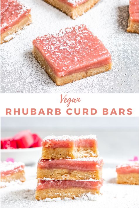 Rhubarb Shortbread Bars, Vegan Rhubarb, Rhubarb Curd, Rhubarb Desserts Recipes, Rhubarb Dessert, Rhubarb Cookies, Vegan Shortbread Cookies, Vegan Lemon Curd, Rhubarb Bars