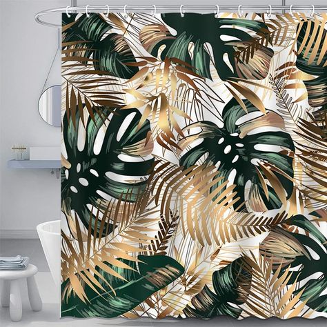 Palm Tree Pattern Design, Tropical Shower Curtain, Jungle Bathroom, Shower Curtain Green, Non Slip Bathroom Flooring, Tropical Showers, Curtain Green, Bathroom Ambiance, Green Shower Curtains