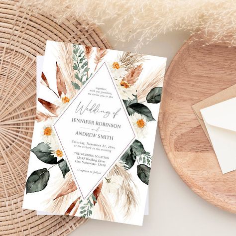 Boho Copper Pampas Grass & Beige Floral Wedding Invitation Boho Elegant Wedding, Desert Boho Wedding, Tropical Boho Wedding, Bohemian Invitation, Boho Glam Wedding, Chalkboard Writing, Wedding Announcement Cards, Bohemian Theme, Wedding 2025