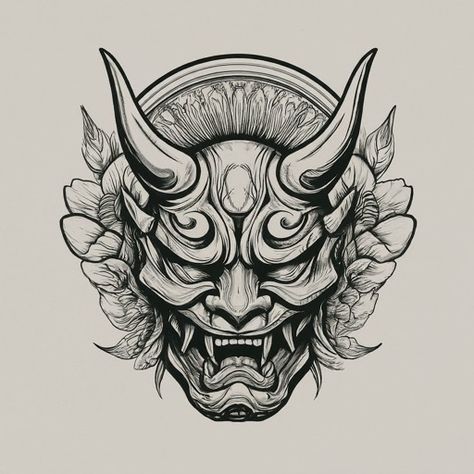 O I Mask Tattoo, Hanya Chest Tattoo, Oni Mask Tattoo Back, Oni Mask Back Tattoo, Hanna Mask Tattoo, Japanese Culture Tattoo, Traditional Hannya Mask Tattoo, Japanese Oni Tattoo, Oni Mask Drawing