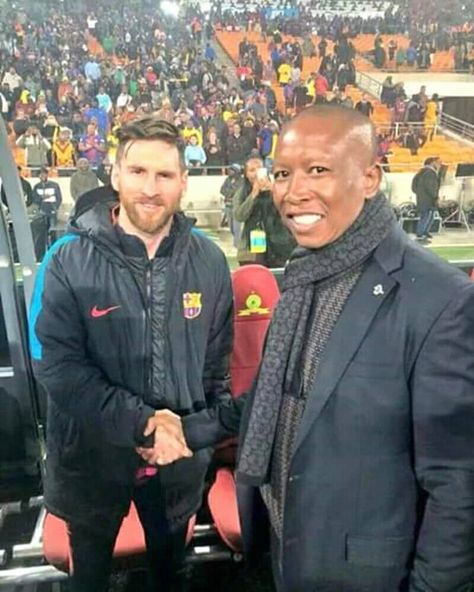 Lionel Messi and Julius Malema during Mamelodi Sundown and Barcelona friendly match Julius Malema, Friendly Match, Lionel Messi, Canada Goose Jackets, Rain Jacket, Barcelona, Winter Jackets, Football, American Football