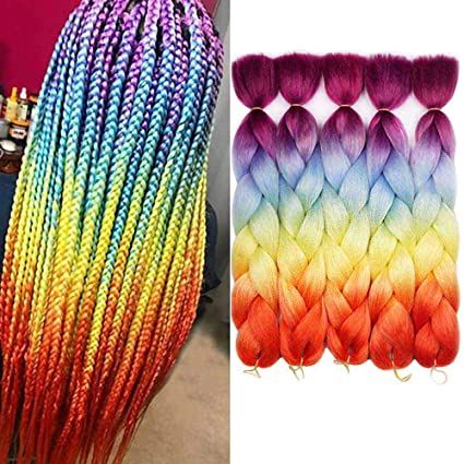 Rainbow Box Braids, Rasta Hair, Ombre Braiding Hair, Kanekalon Hair, Rainbow Braids, Yaki Hair, Braiding Hair Extensions, Kanekalon Hairstyles, Rainbow Hair Color