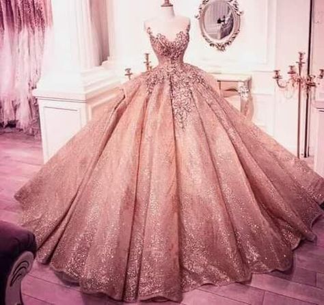 Gown For Debut Rose Gold, Rose Gold Debut Gown, Gowns For Debut, Gold Gown Aesthetic, Debut Gowns 18th, Debut Gowns 18th Elegant, Rose Gold Quince Dress, Gown For Debut, Rose Gold Ball Gown