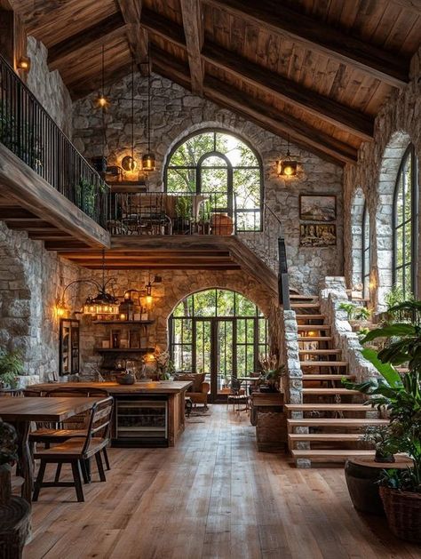 Stone House Interior, A Frame Cabin Plans, Tuscan Style Homes, Small Cottage Homes, Cottage Cabin, Fantasy Homes, Fantasy House, Modern Cabin, Old Farmhouse