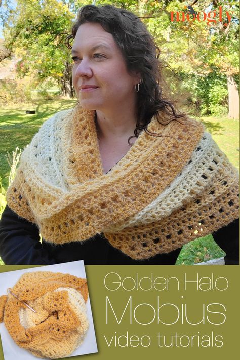 The Golden Halo Mobius Tutorial will show you how to make this cozy one skein wrapper - in both right and left-handed video tutorials! Free Pattern! via @moogly Caron Colorama Halo Crochet Patterns, Crochet Mobius Shawl, Halo Crochet, Crocheted Ponchos, Crochet Mobius, One Skein Crochet, Winter Items, Stitch Sampler, Front Post Double Crochet