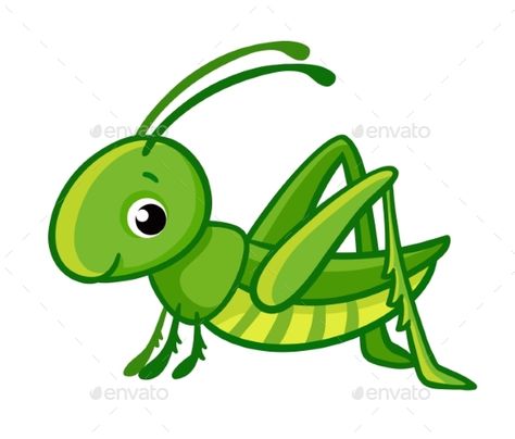 Vector isolated cute green grasshopper on a white background. Green Grasshopper, Insect Art, Cute Cartoon Animals, Drawing Images, Art Drawings For Kids, Rock Crafts, Cartoon Illustration, Drawing For Kids, Stone Painting