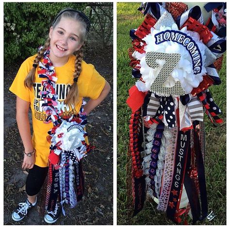 Homecoming mum with rag ribbon sash/necklace Mum Sash, Mum Homecoming, Hoco Mums, Homecoming Mums Senior, Senior Mums, Homecoming Spirit Week, Homecoming Corsage, Texas Homecoming Mums, Mum Ideas