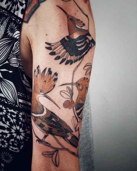 Birds Sleeve Tattoo, Hoopoe Tattoo, Dzo Lama, Tattle Tale, Africa Tattoos, Browning Tattoo, Tattoo 2023, Animal Sleeve Tattoo, Peacock Tattoo