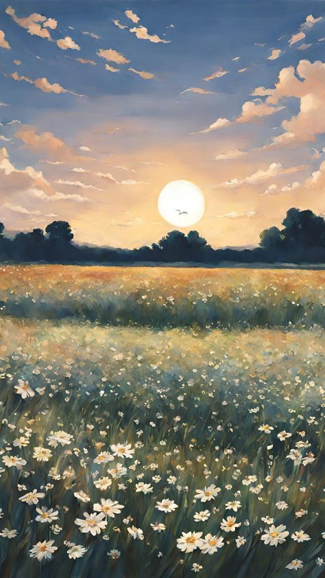 Senery Pic Drawing, Anime Cottagecore Wallpaper, Easy Meadow Painting, Anime Countryside Wallpaper, Aesthetic Wishes, Anime Countryside Scenery, Ghibli Scenery, Anime Field Of Flowers, Cottagecore Background