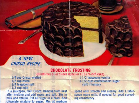 Crisco's Chocolate Frosting Recipe Clipping Crisco Icing, Crisco Frosting, Chocolate Frosting Recipe, Chocolate Buttercream Frosting Recipe, Cupcake Frosting Recipes, Crisco Recipes, Frosting Cake, Chocolate Frosting Recipes, Chocolate Buttercream Frosting