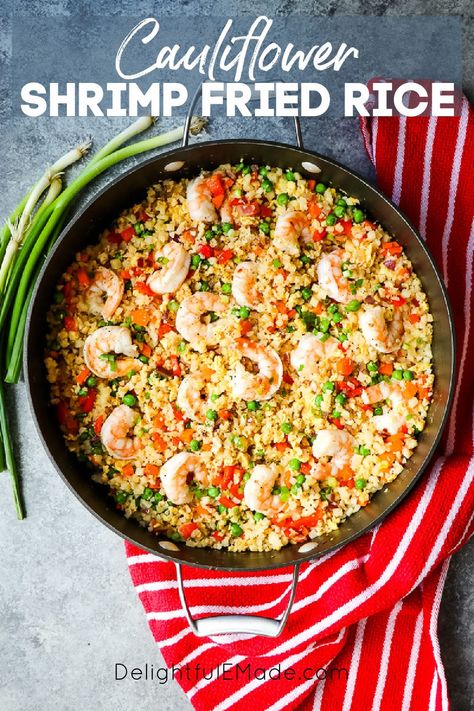 Cauliflower Shrimp Fried Rice - BEST Healthy Shrimp Fried Rice! Chicken And Shrimp Cauliflower Fried Rice, Rice Cauliflower Fried Rice, Low Calorie Shrimp Fried Rice, Shrimp And Riced Cauliflower Recipes, Cauliflower Fried Rice With Shrimp, Keto Shrimp Fried Rice, Fried Rice With Cauliflower, Healthy Shrimp Fried Rice, Cauliflower Shrimp Fried Rice