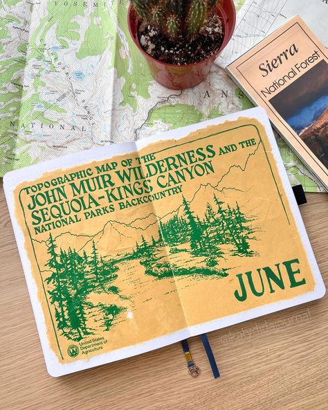 Katie | Bullet Journal on Instagram: “June Cover • Continuing my tradition of doing a camping theme in June 🏕️ My cover page used to be the front of a envelope containing maps…” Travel Elements, Scrapbook Inspo, Camping Journal, Camping Vibes, Journal Fonts, Kings Canyon National Park, Journal Travel, My Journal, Mountain Goat