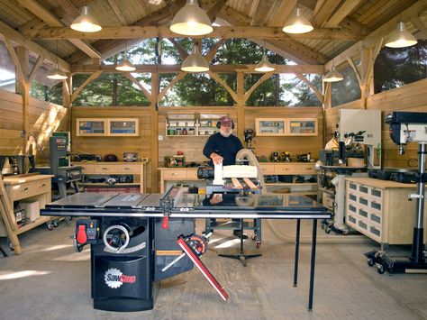 Interior shot of my 20 x 32 workshop.  It is still in the getting organized stage.  I still have to locate most of the tools in the shop.  Only the table saw is in its final location at this point.  Also in the process of moving all the dust collection machines in separate building outside of shop. - CLICK TO ENLARGE Garage Woodshop, Work Shop Building, Workshop Layout, Ketchikan Alaska, Frame Work, Small Garage, Workshop Organization, Shop Layout, Woodworking Workshop