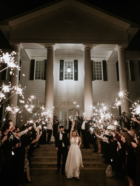 Glitter Send Off Wedding, Winter Wedding Sparklers, Exits For Weddings, Wedding Mansion Venues, Wedding Exit Sparklers, Aesthetic Wedding Venues Indoor, Mansion Wedding Ideas, Wedding Grand Exit Ideas, Cold Sparks Wedding