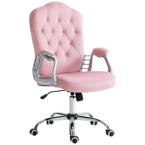 Vinsetto Home Office Chair, Velvet Computer Chair, Button Tufted Desk Chair with Swivel Wheels, Adjustable Height, and Tilt Function, Pink Nail Chair Ideas, Blue Vanity Chair, Pink Office Aesthetic, Cute Desk Chairs, Comfy Desk Chair, Tufted Desk Chair, Nail Office, Pink Desk Chair, Pink Office Chair