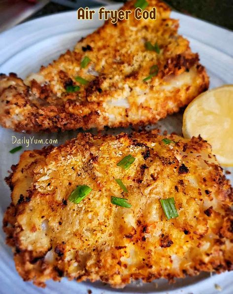 Crispy and Flaky Air Fryer Breaded Cod Fried Cod Fish Recipes, Air Fryer Cod Recipe, Air Fryer Cod, Fried Cod Fish, Crispy Fried Fish, Daily Yum, Breaded Cod, Air Fryer Fish Recipes, Cod Fish Recipes