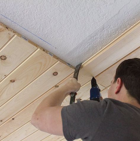 DIY Tongue and Groove Ceiling Wood Planks - Jenna Sue Design Diy Tongue And Groove, Tounge And Groove, German Decor, Groove Ceiling, Installing Recessed Lighting, Beams Living Room, Ceiling Wood, Wood Plank Ceiling, Jenna Sue Design