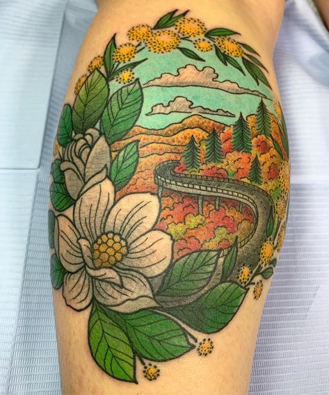 Blue Ridge Tattoo, Blue Ridge Parkway Tattoo, Appalachian Tattoo Ideas, Blue Ridge Mountain Tattoo, Nc Tattoo Ideas, Appalachia Tattoo, Blue Ridge Mountains Tattoo, North Carolina Tattoo, Nc Tattoo