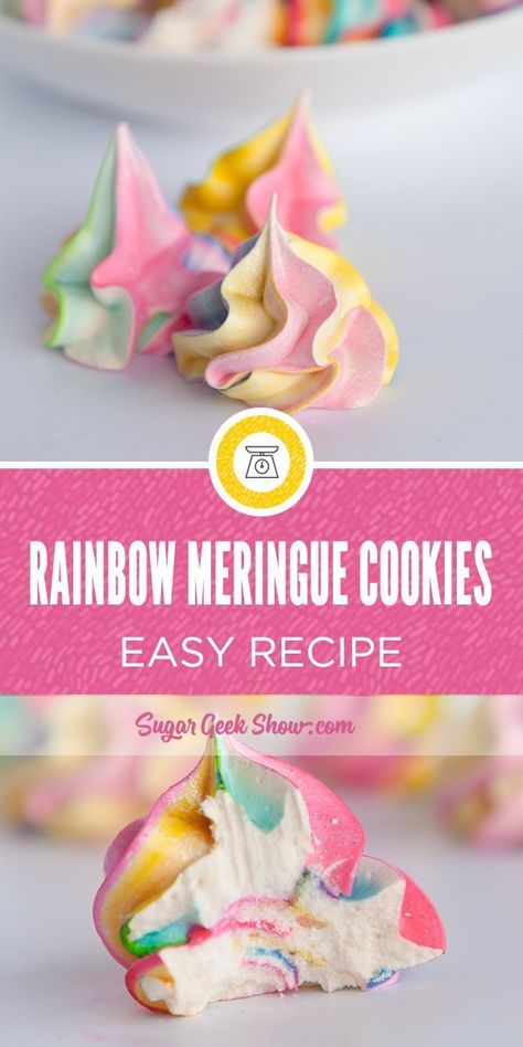 Rainbow Meringue, Easy Meringue Cookies, Easy Meringues, Meringue Cookie, Meringue Cookie Recipe, Sugar Geek, Meringue Desserts, Meringue Recipe, Cake Diy