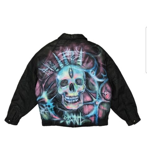 #custom #handpainted #customclothes #airbrushed #vintageleatherjacket #punkfashion #punkoutfits Painted Clothing, Custom Airbrushing, Custom Jacket, Punk Outfits, Vintage Leather Jacket, Fashion Painting, Punk Fashion, Vintage Leather, Custom Clothes