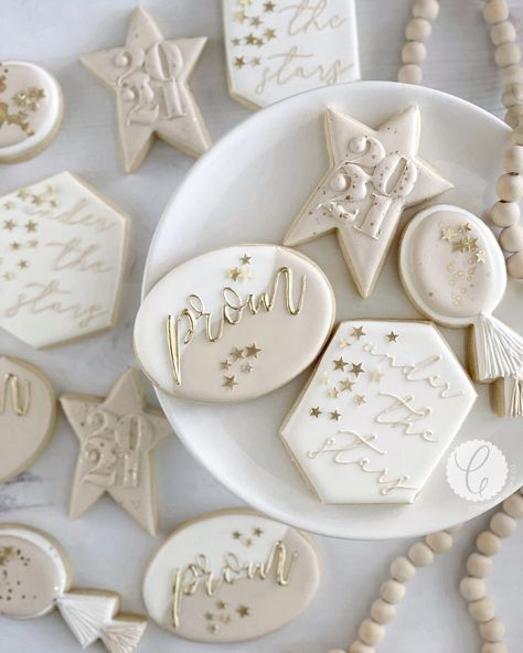 Under The Stars Cookies, Sugar Cookie Stars Decorated, Starry Night Cookies Decorated, Constellation Cookies, Star And Moon Cookies, Prom Cookies, Star Cookies Decorated, Prom Favors, Moon Cookies