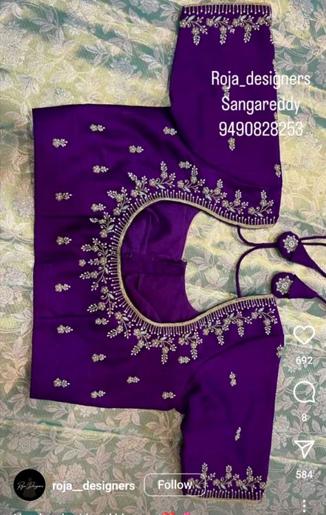 Simple Blouse Machine Embroidery Designs Latest, Ballon Hands Blouse Designs, Maggam Work On Blue Blouse, Mudi Kuttu Maggam Work, Maggam Works Latest Designs, Simple Maggam Designs, Blue Maggam Work Blouse Designs, Simple Maggam Works, Butta Hands For Blouses