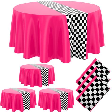 PRICES MAY VARY. Plastic Sufficient Quantities: what you will receive are 3 pieces of black and white checkered tablecloth, designed with black and white checkered patterns in the center, playing decorative and functional roles for you; Sufficient quantities and classic designs can meet your daily and party use and replacement needs Large Enough: each of the pink plastic tablecloths is designed in a round shape, measuring approx. 84 inches in diameter, appropriate for assorted round tables; In addition, you can also cut the round tablecloth into different sizes or shapes to meet your actual needs and then satisfy your personal preference Reliable and Disposable: the disposable round tablecloth is made of quality plastic material with well coloring, lightweight and odorless, smooth and disp Rollerskating Party Table, 1950 Sock Hop Table Runners, Bingo Table Centerpieces, Sock Hop Party Balloons, Sock Hop Theme Party, Race Car Birthday Desert Table, Kate Spade Party Theme Table Settings, Sock Hop Table Centerpieces, Hot Pink Smile Face Table Covers