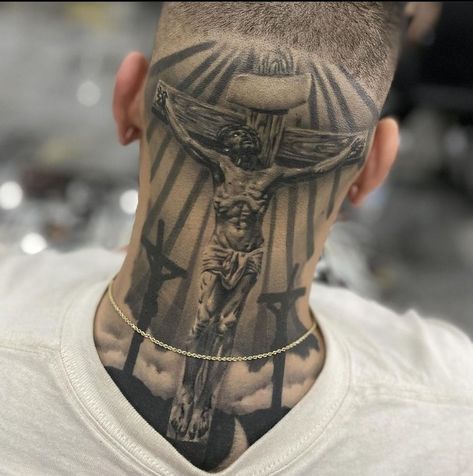 Back Of Neck And Head Tattoo, Neck Tattoo Shading, Religious Neck Tattoo, Jesus Neck Tattoo, Bald Head Tattoos, Year Neck Tattoo, Side Face Tattoo Men, Full Neck Tattoos For Men, Side Neck Tattoos For Men