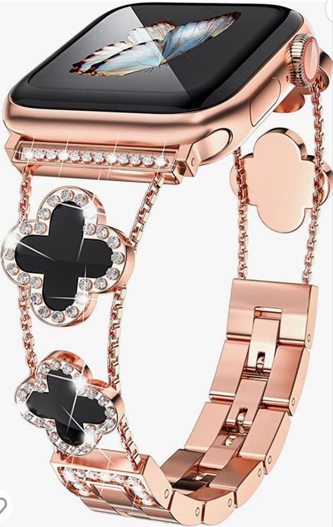 [Unique Design] This luxury apple watch band features the most popular four-leaf clover design, it Symbolizes luck and hope. This rose gold apple watch band uses diamond-encrusted craftsmanship, revealing dignity and elegance in luxury. You'll get a lot of compliments because of it, and it's the perfect combination of personality and style. [Metal Apple Watch Band] This diamond apple watch band made of high-quality metal material, with shiny rhinestone decoration, well polished, the surface is t Apple Watches For Women, Rose Gold Apple Watch, Classy Watch, Apple Band, Gold Apple Watch, Gold Plated Watch, Clover Design, Gold Apple, Apple Watch Accessories