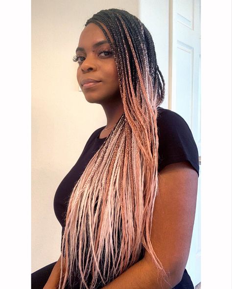 Pink and Rose gold box braids Black women hairstyles Pink Ombre Box Braids, Rose Gold Braiding Hair, Rose Gold Knotless Braids, Pink Ombre Braids Black Women, Blonde Pink Braids Black Women, Pink Ombre Knotless Braids, Ombre Pink Braids, Rose Gold Braids Black Women, Rose Gold Box Braids