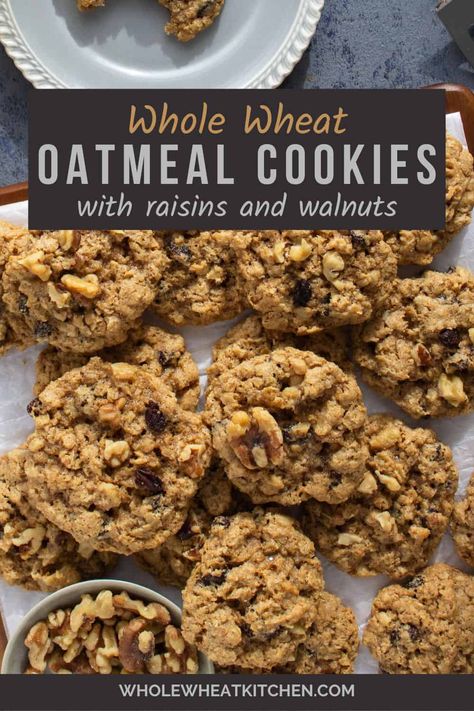 Are you a cookie lover that also loves whole grains? These whole wheat oatmeal raisin cookies are packed with whole grains, plump raisins, a touch of cinnamon and crunchy walnuts. They are ultra chewy and perfect for a snack or picnic lunch. Whole Wheat Oatmeal Raisin Cookies, Whole Grain Cookie Recipes, Whole Wheat Snacks, Whole Wheat Cookies Healthy, Oatmeal Raisin Cookies Easy, Cookies With Walnuts, Blueberry Oatmeal Cookies, Whole Wheat Cookies, Best Oatmeal Cookies