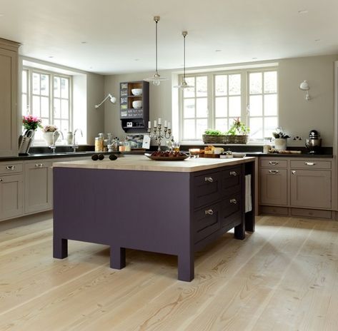 Bespoke Shaker kitchen hand painted in Aubegine and Mink with a built in sofa Modern Country Kitchen Ideas, Kitchen Cabinet Colours, Modern Country Kitchen, Colour Kitchen, Whitewashed Oak, Used Kitchen Cabinets, Large Open Plan Kitchens, Built In Sofa, Kitchen Colour