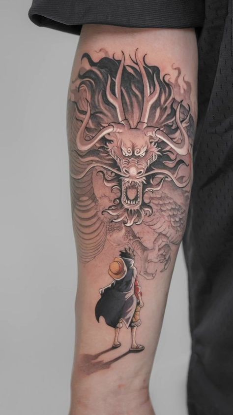 One Piece Arm Tattoo, Kaido Tattoo Ideas, Kaido One Piece Tattoo, Anime Tattoo Ideas Manga, Luffy Tattoo Ideas, Tattoo Boyfriend, One Piece Tattoo Ideas, Kaido One Piece, Full Tattoo