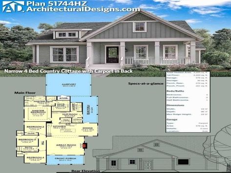 Plan 51744hz: Narrow 4 Bed Country Cottage With Carport In Back E65 Metal House Plans, Build Home, Minecraft House Designs, Casa Exterior, Cottage Plan, Farmhouse House, Cottage Ideas, 3 Car Garage, House Plans Farmhouse