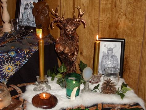 Altars:  Druid Altar. Herne The Hunter, The Horned God, Horned God, Witchcraft Altar, Altar Design, Meditation Room Decor, Witches Altar, Norse Pagan, Celtic Mythology