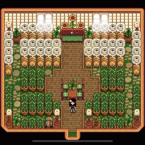 Stardew Valley Tea Room Design, Shed Designs Stardew Valley, Stardew Valley Trellis Layout, Stardew Valley Golden Clock Design, Stardew Valley Shed Layout Aesthetic, Stardew Valley Green House Layout, Stardew Tea Shed, Stardew Valley Preserve Jar Shed, Stardew Valley House Exterior Color