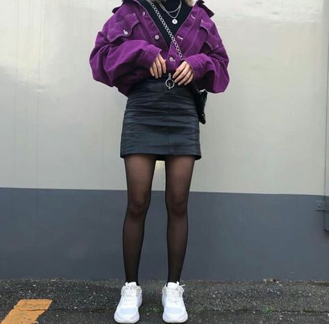 ❀❦ॣ·˖Bestim❀ ༉₊ Purple Jacket Outfit, Outfit Korean, Purple Outfits, Purple Accents, Purple Jacket, Sleeveless Turtleneck, Color Fashion, Leather Outfit, Purple Fashion