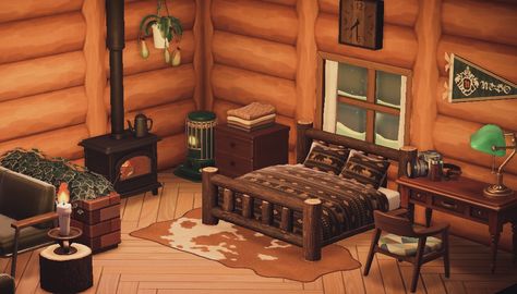 Acnh Cabin In The Woods, Acnh Cabin House, Acnh Cabin Bedroom, Animal Crossing Log Cabin, Acnh Log Cabin, Acnh Cabin Interior, Acnh Cabin, Acnh House Ideas, Log Cabin Rooms