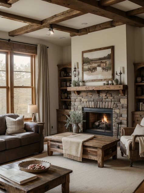 Expressive Eclectic: Unleash Your Bohemian Living Room | aulivin.com Farmhouse Fireplace Decor, Cozy Farmhouse Living Room, Cabin Living Room, Modern Rustic Living Room, Rustic Farmhouse Living Room, Farmhouse Decorating, Farmhouse Fireplace, Casa Country, Rustic Fireplaces