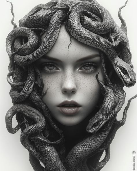 Discover a modern take on Medusa through striking photography, where myth meets contemporary style. Her gaze is fierce, with serpents elegantly entwined, capturing the powerful beauty and danger of the ancient legend. 🐍👁️ #medusa #mythology #ModernMedusa #PhotographyArt #MythAndStyle #FierceBeauty #LegendReimagined #SerpentQueen #TimelessPower #MedusaInModernArt #ContemporaryMyth #GorgonGaze #gorgon #neuraldreamer Medusa Beautiful, Modern Medusa, Medusa Mythology, Striking Photography, Medusa Gorgon, Black Clouds, The Dreamers, Contemporary Style, Modern Art