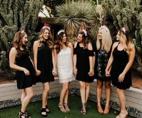 Bachelorette Party Group Outfit Ideas Black And White Hens Party Outfits, Bride In White Bridesmaids In Black Bachelorette Party, Black Dresses Bachelorette Party, Black Dress For Bachelorette Party, Bachelorette Dress Up Ideas, Bachelorette Black And White Outfits, Little Black Dress Bachelorette Party, Hen Party Outfit Ideas, Black And White Hen Party