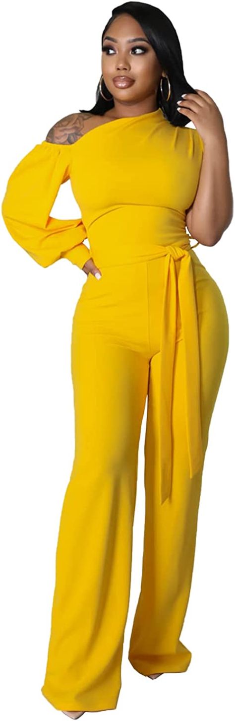 Elegant Sexy Solid Color Slanted Shoulder High Waist Belted Club Party Cocktail Jumpsuit Ladies Long Sleeve One Piece Off Shoulder Body Belt Jumpsuit Suit Romper Long Jumpsuit Casual, Formal Attire For Women, Stretchy Jumpsuit, Cocktail Jumpsuit, Solid Color Jumpsuits, Jumpsuit With Pockets, Evening Jumpsuit, Wrap Jumpsuit, Jumpsuit Casual